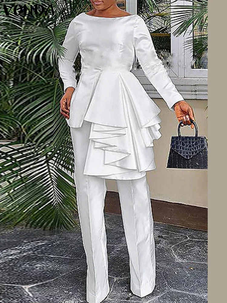 

VONDA Women Party Sets 2024 Fashion Solid Color Suits Long Sleeve Ruffled Irregular Top Oversized Patchwork Fitting Outfits 2pcs