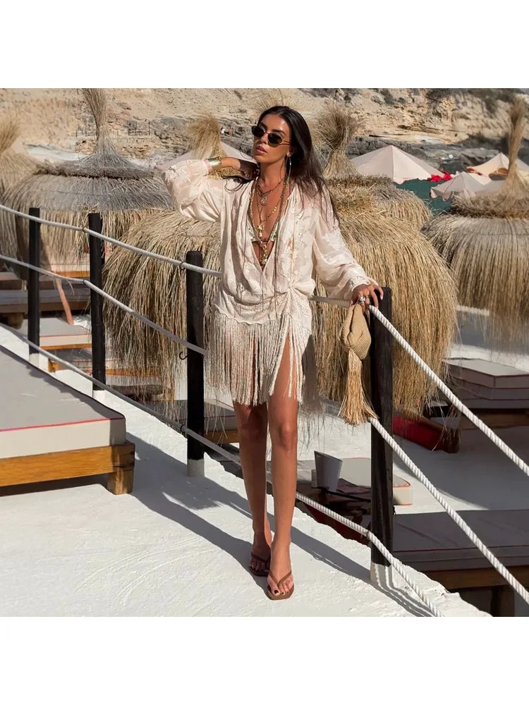 QICHE 2026 Summer Women Bohemian Cover‑Up Top Deep V Neck Embroidery Fringe Hem Blouse European American Style Shirt view 4