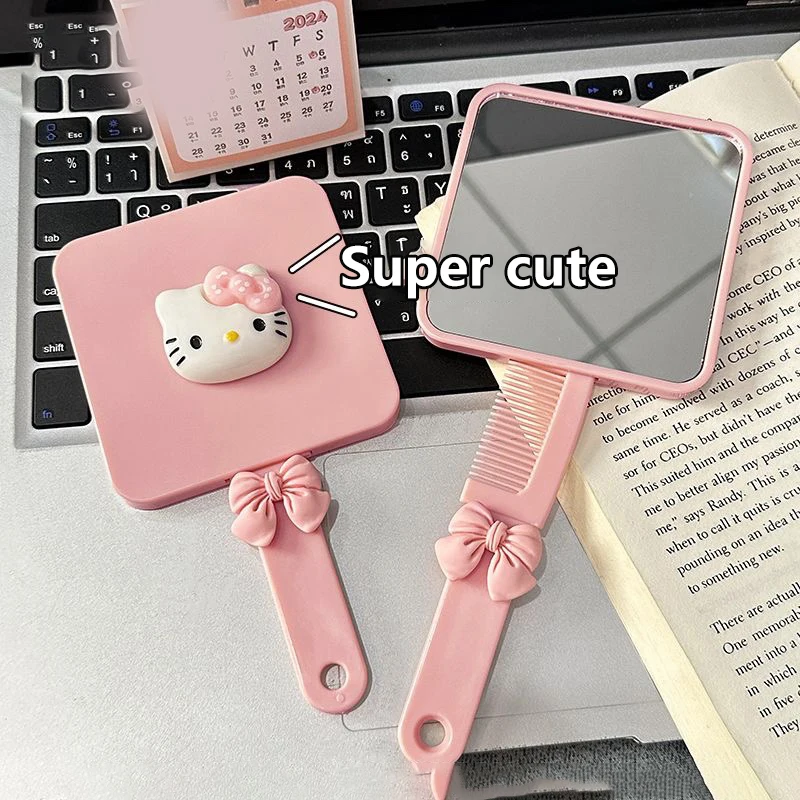 Portable Sanrio Cute Hello Kitty Kawaii Mirror Comb Handheld Mirror Comb Extracted Travel Hair Brush Massage Styling Tool