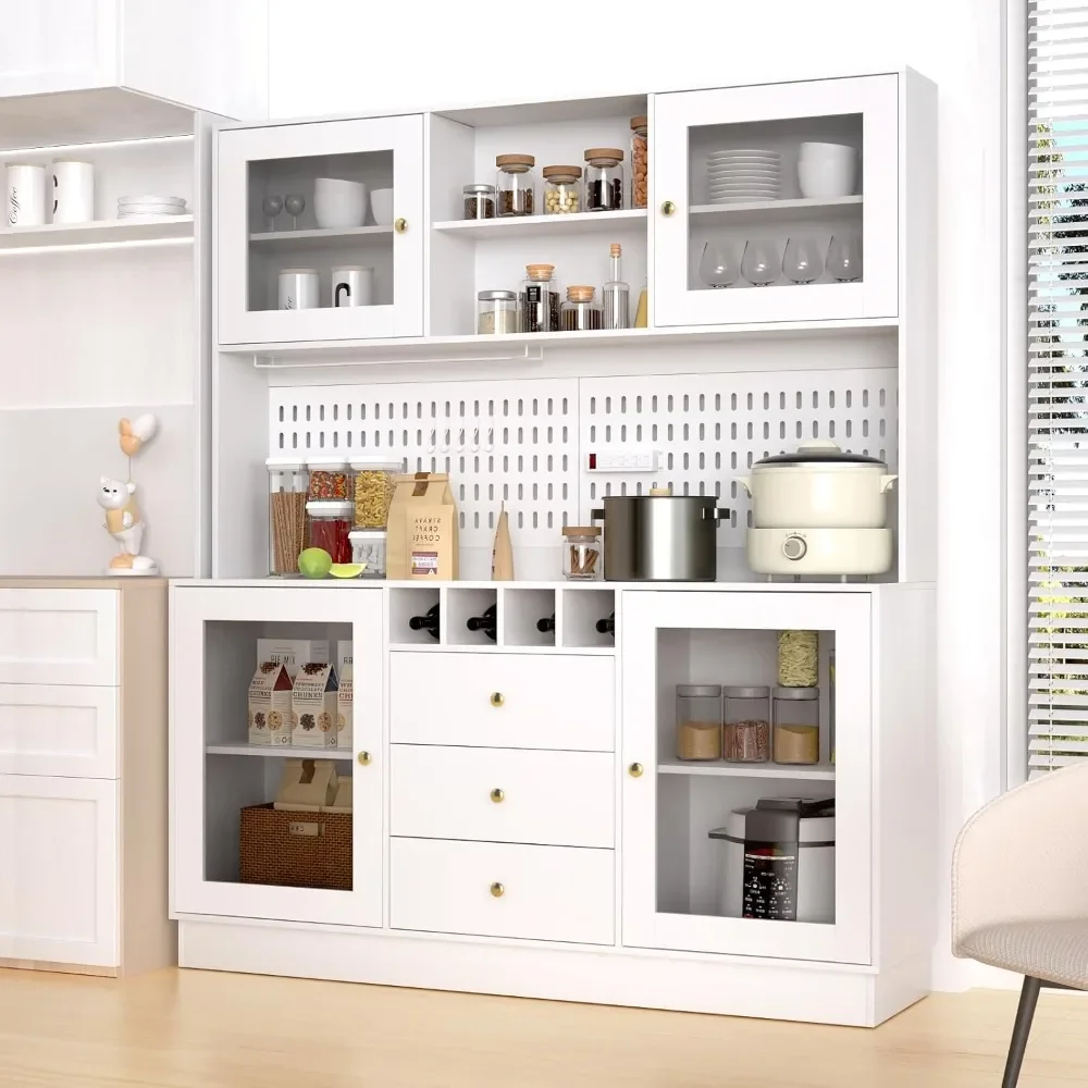 

Pantry Cabinet, Kitchen Storage Cabinet, Freestanding Buffet Hutch with Pegboard, Cup Holder, Power Outlet