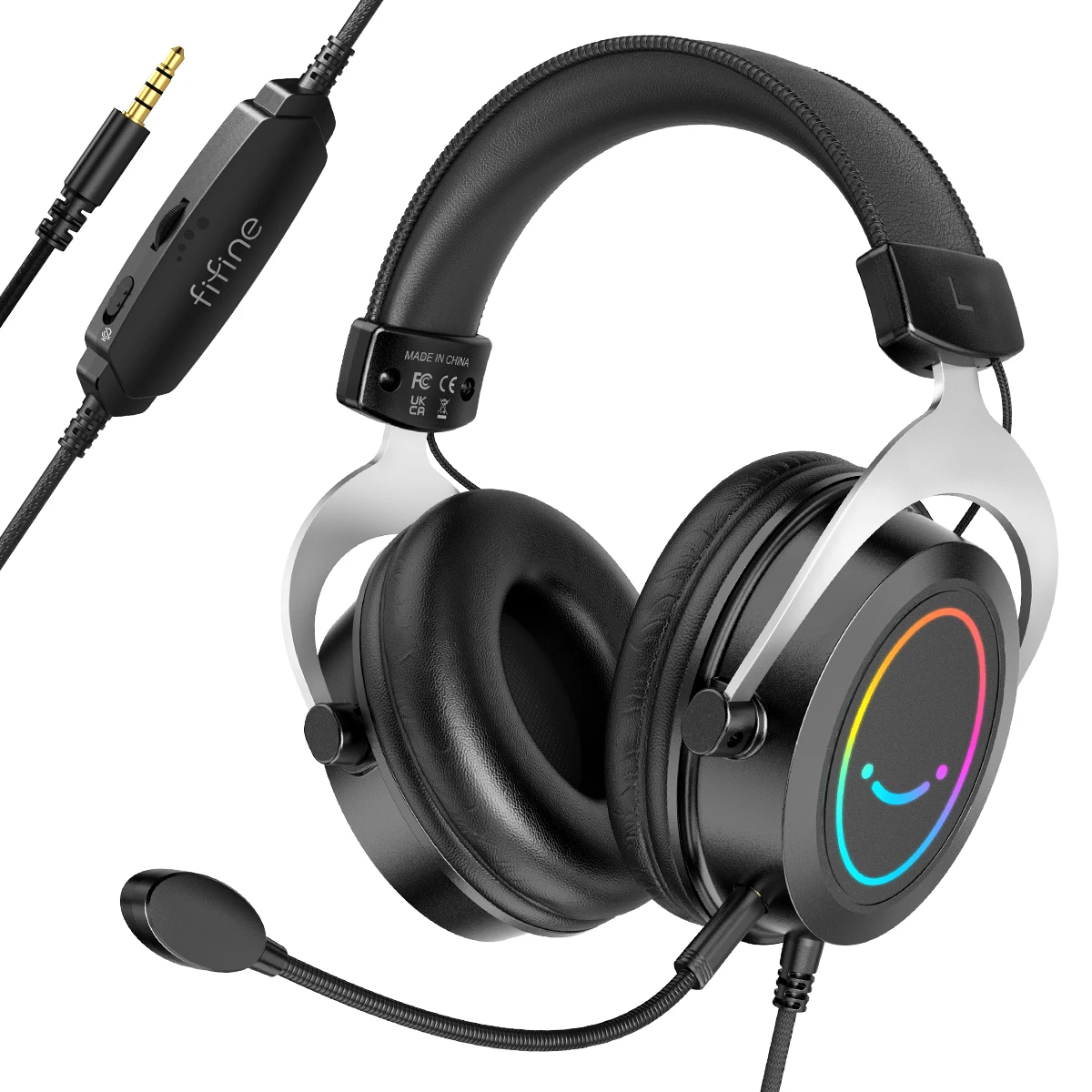 Fifine Gaming RGB Headset mit Line Control/abnehmbarem Mikrofon, 3,5mm Over-Ear-Kopfhörer für PC,PS4/5,Switch,Xbox,Mobile-Ampligame H3 3