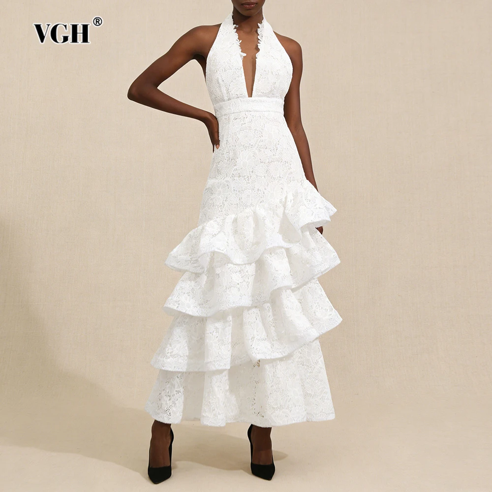 

VGH Solid Slimming Elegant Fresh Long Dresses For Women V Neck Sleeveless High Waist Summer Casual Ruffle Dress Female Fashion