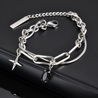 Vnox Simple Stacked Snake Chain Bracelets, Men Stainless Steel Paperclip Links Bracelets Cross Charm Pendant  Adjustable Jewelry