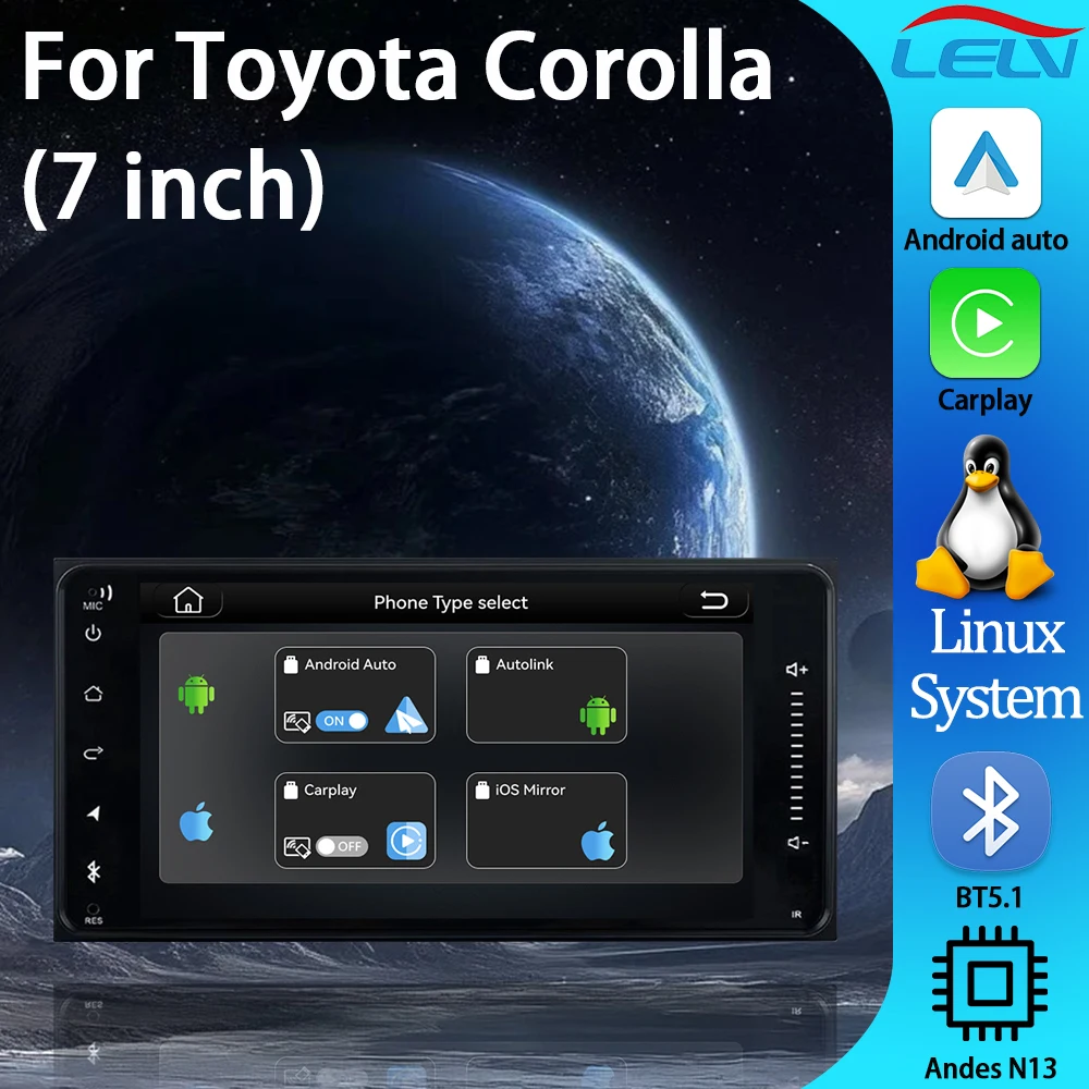 

LELV 7'' Linux Car Multimedia Player for Toyota Corolla with Wireless CarPlay Android Auto GPS Navigation Head Unit IPS Screen