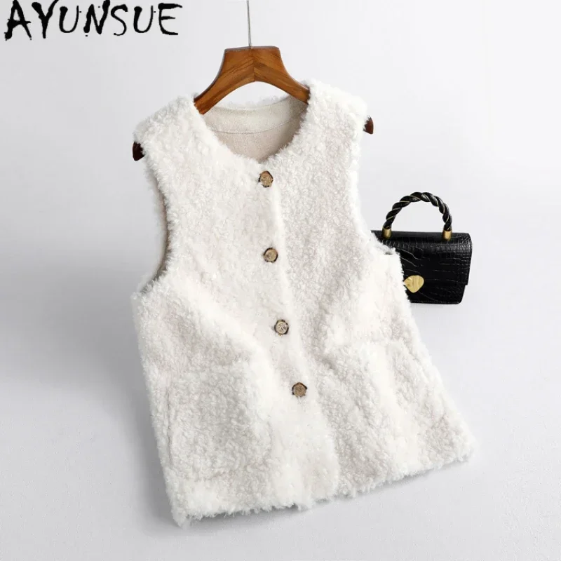 

AYUNSUE 100% Wool Vest for Women Autumn Winter Casual Sheep Shearing Coat Sleeveless Wool Coats and Jackets Jaqueta Feminina