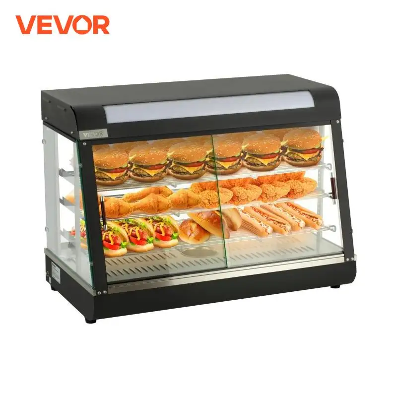 VEVOR Commercial Food Warmer Display Countertop Pastry Warmer w/Temp Knob Display 0.6L Water Tray Stainless Frame Glass Doors