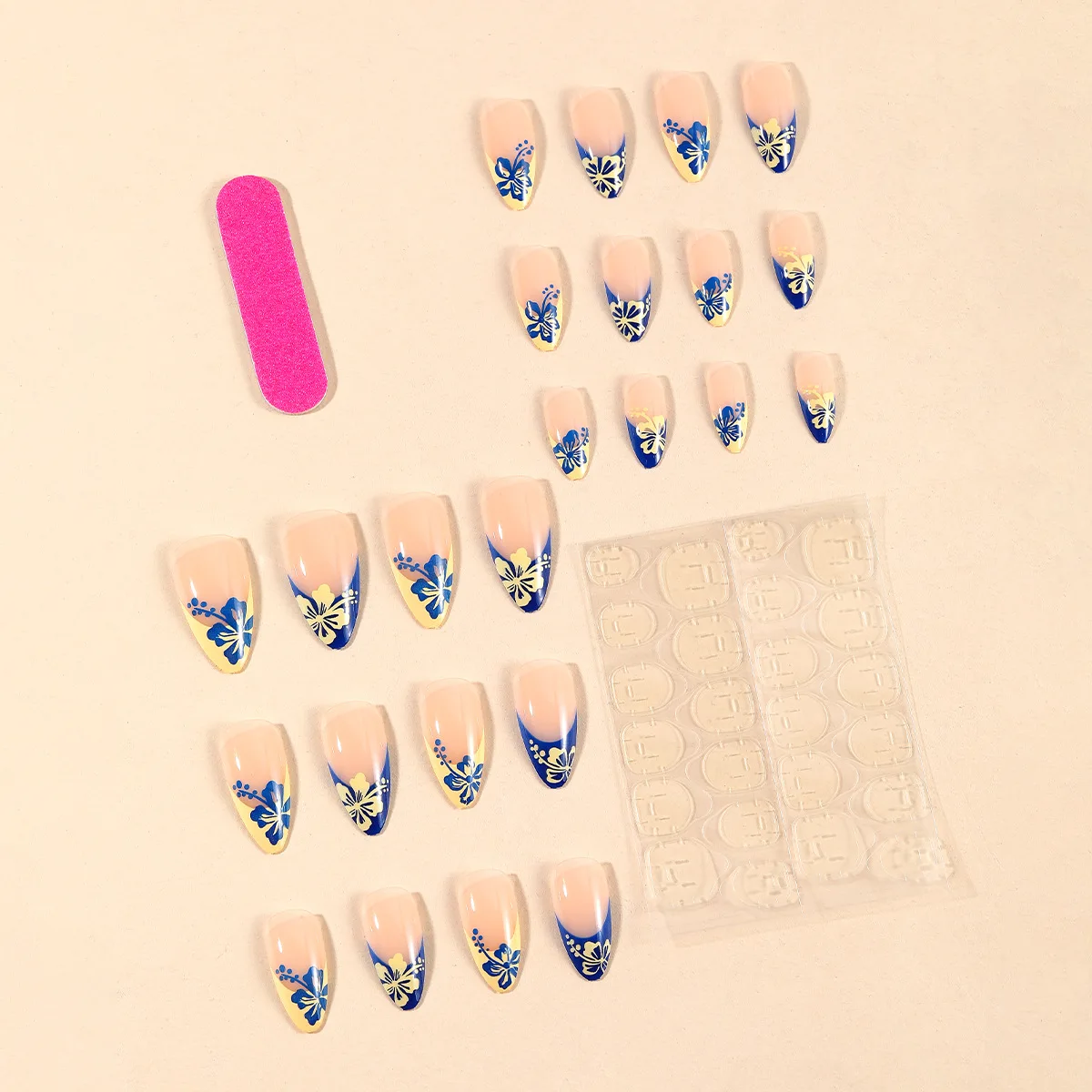 24 pezzi di stampa in stile francese sulle unghie Toppe per unghie finte di mandorle con disegni di fiori gialli blu Punte per unghie finte coreane riutilizzabili