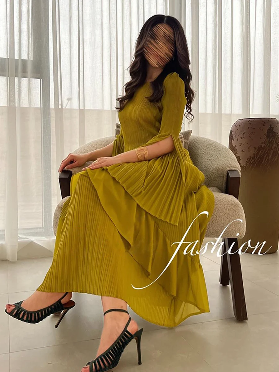 ANLAN Miyake Folds 2024 Spring New Ruffled Dress Fashion Pleated Full Sleeve Solid Color Plus Size Women A-line Long Skirt 9K207