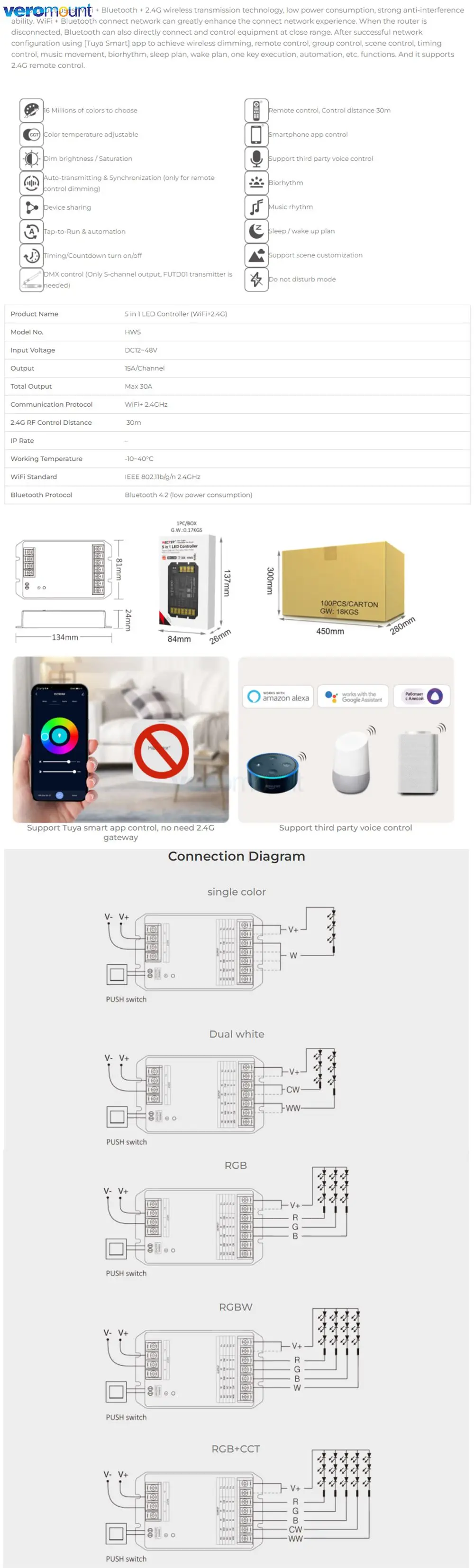 MiBoxer HW5 HW2 LED Controller (WiFi+2.4G) Max 30A Single color/Dual White/RGB/RGBW/RGB+CCT Tuya App Alexa Google Voice Control