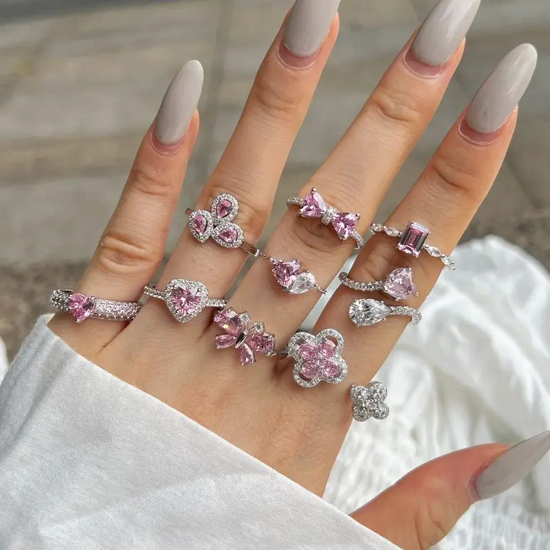 

Luxury S925 Silver Ring for Women Heart Four Le Clover Pink Diamond Forest System Personalized Women's Hand Jewelry