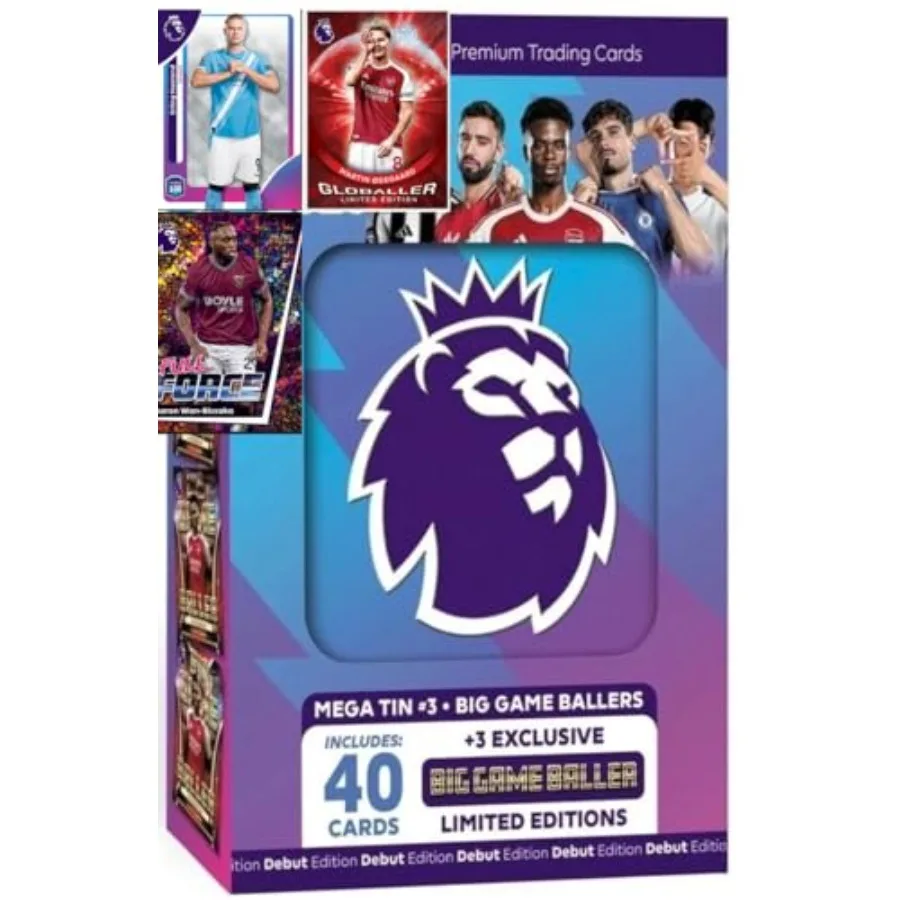 

Premier League 2026 new - One Random Mega Tin - 40 Cards Including 3 Exclusive LE 25/26 Soccer Cards + Bundle with Sticker Prem