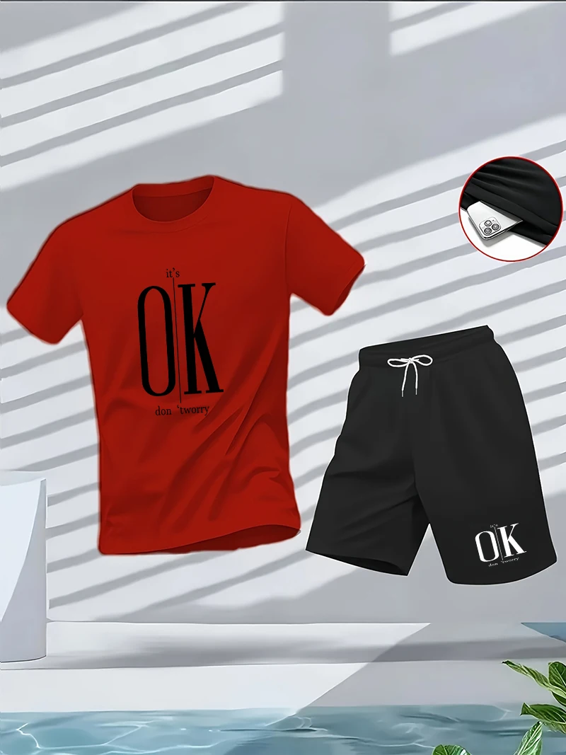 

Men's fashion fitness summer sports set, round-neck short-sleeved T-shirt, five-inch shorts, slimming and fashionable two-piece