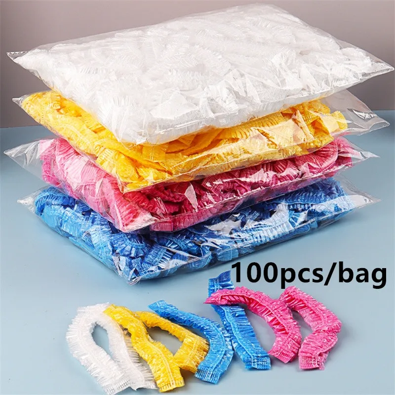 100pcs/bag Plastic Disposable Shower Cap Covers Waterproof Hair Caps Hair Dye Cap Bathroom Products Home Sauna Accessories