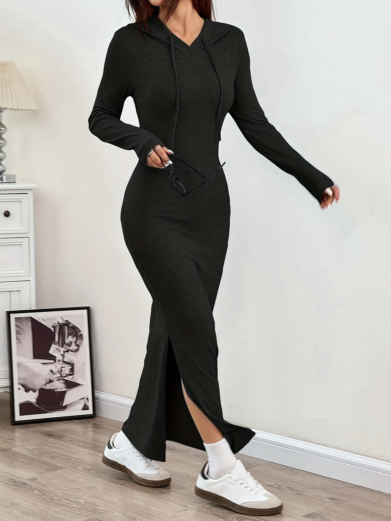 Women's Clothing 2026 Autumn New Item Solid Color Side Slit Hooded Bag Hip Long Sleeved Jumpsuit Long Skirt
