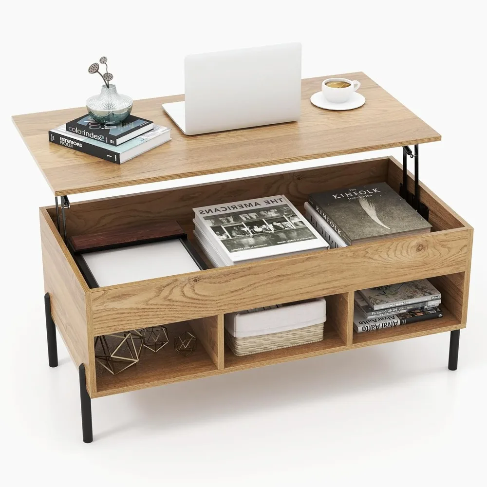 

Preferred Lift Top Coffee Table with Metal Legs, Rising Center Table w/Hidden Compartment & 3 Open Cubbies, Multifunctional Wood