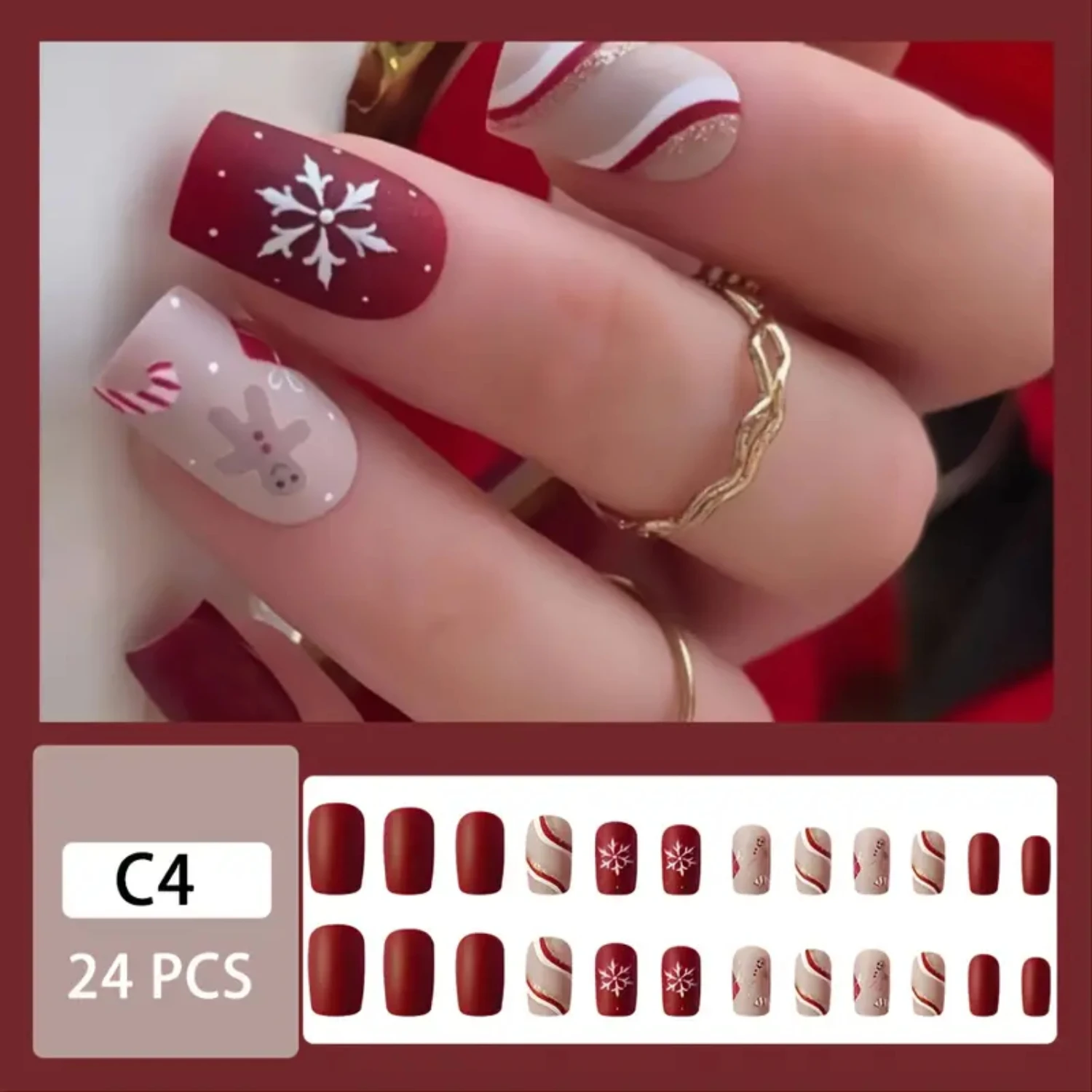 Shimmering Christmas Red Snowflake Square Acrylic Full Cover False Nail Accessory for Women - 24Pcs Glossy Glue On Nails for Gir