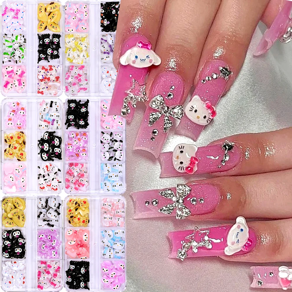 48pcs/Box Mixed Sanrio Cartoon Nail Charms Kawaii Hello Kitty My Melody Kuromi 3D Nail Rhinestone Gems for Manicure Nail Art Y2K