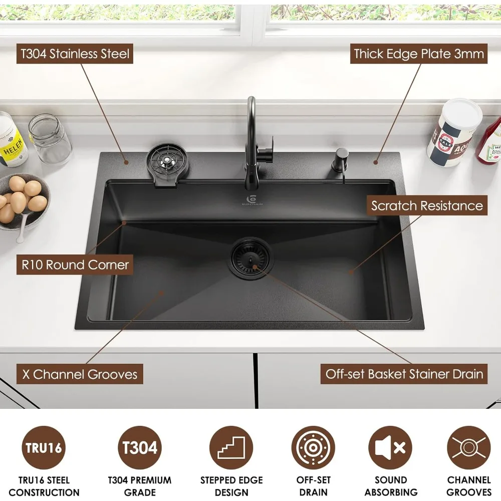 Accessoires de cuisine et de bain 33x22 pouces évier de cuisine noir goutte dans les éviers de cuisine en acier inoxydable poste de travail à bol unique de calibre 16