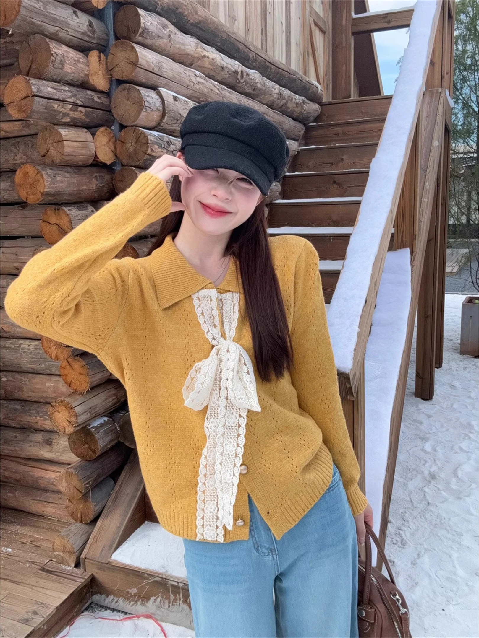 

Корейский вязаный открытый кардиган с кружевным узлом, женский свитер больших размеров для похудения, элитный осенний модный вязаный кардиган...