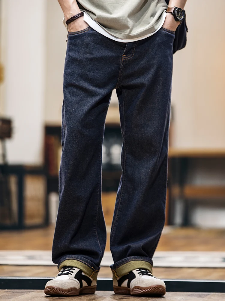 Original Color Men's Jeans Loose Fit Anti-Fade Vintage Wash Straight Leg Long Trousers Autumn Collection Casual Wear
