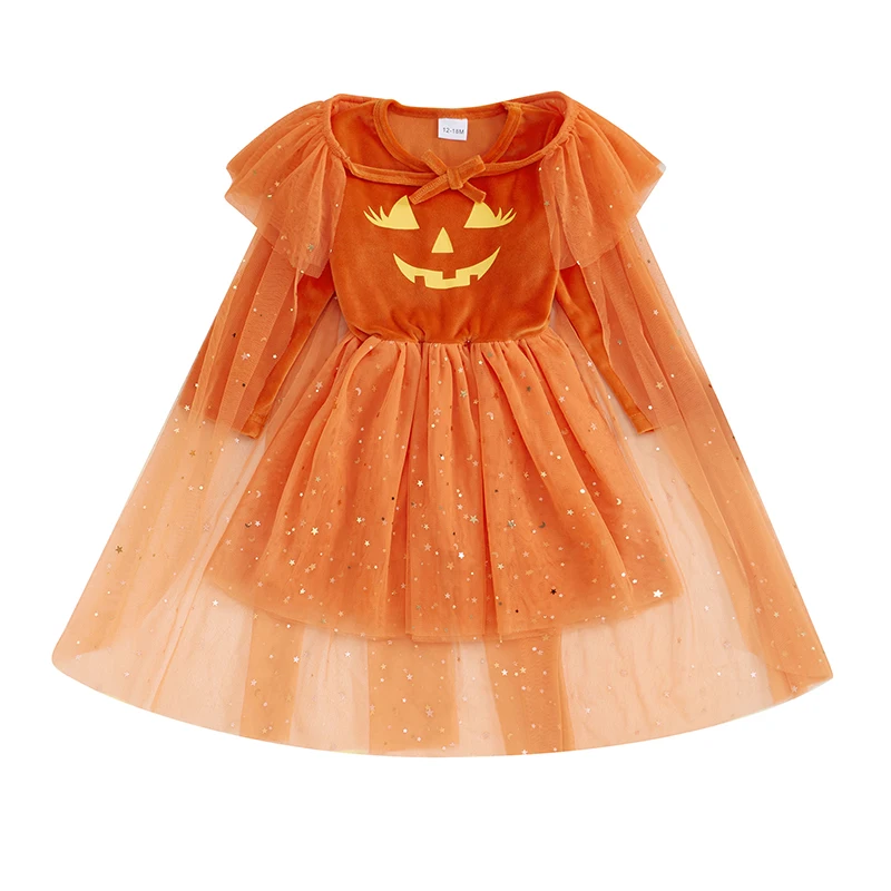 Little Girl Halloween Dress Pumpkin Face Print Long Sleeve Crew Neck Tulle Patchwork A-Line Dress with Shawl