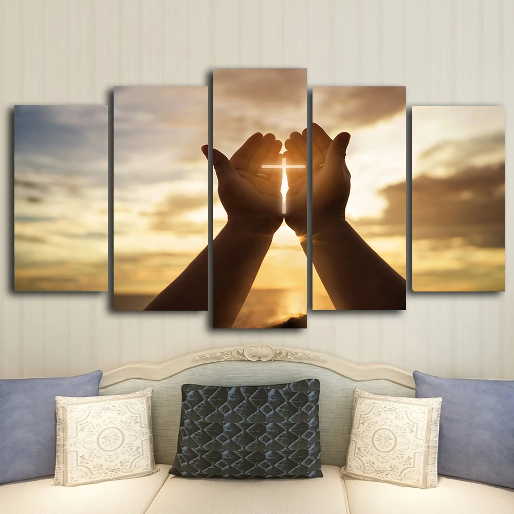 5pcs Jesus Hands Praying Crosses Canvas Painting Wall Art Christian God Posters and Prints for Living Room Decor Unframed