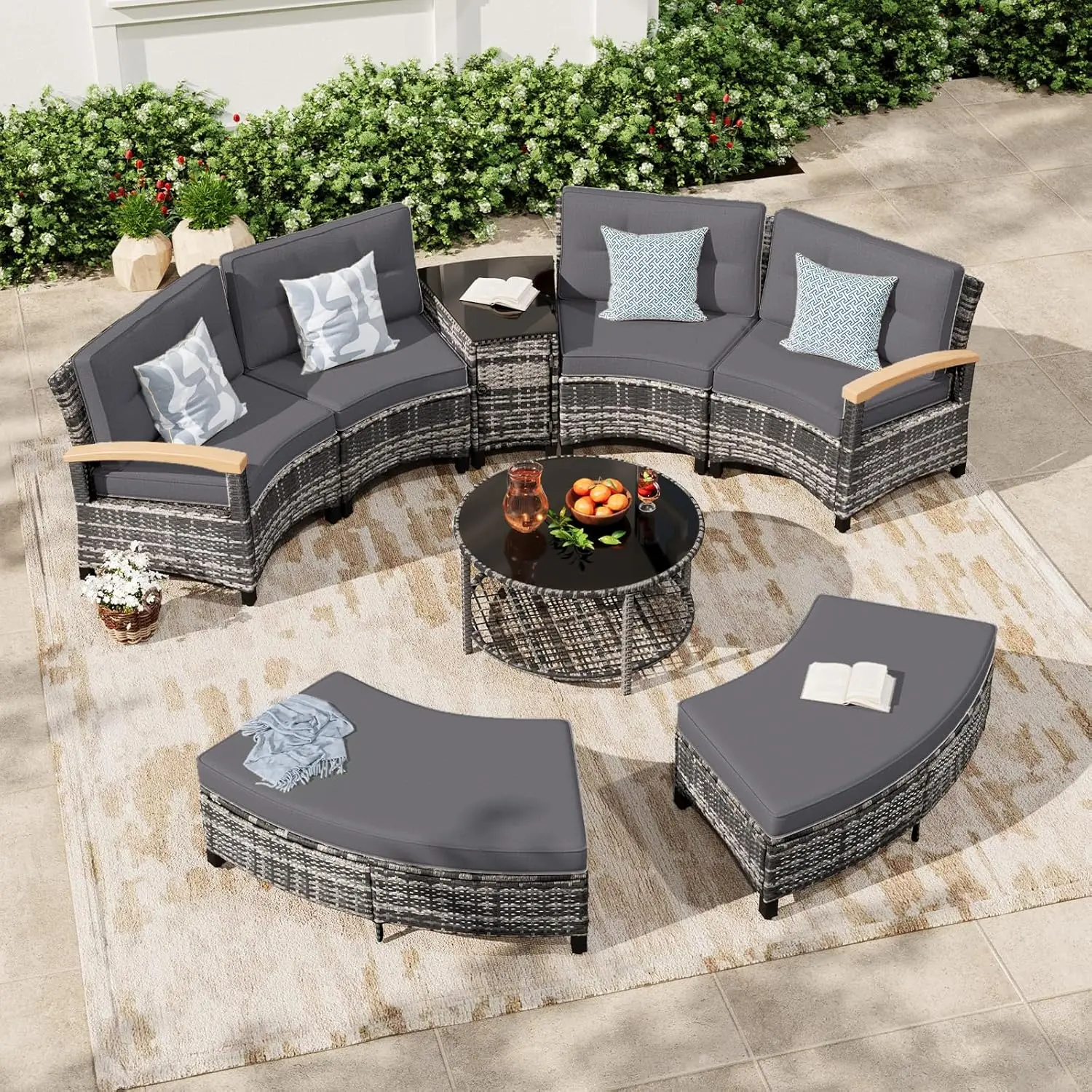 Curved Half-Moon Outdoor Patio Sectional Conversation Sofa Set, 8-Piece with 2 Half-Moon Ottomans and Coffee & Side Tables for Backyard Deck Garden, Grey