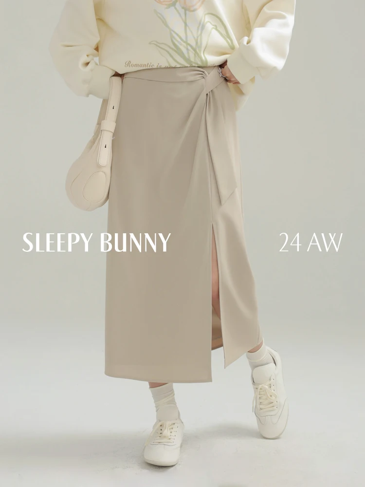 

Elegant Casual Khaki Skirt High Waist Side Slit Midi Skirt Women Loose Autumn Minimalist Solid Color Skirt Tie Waist Office Chic