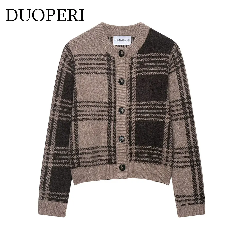

DUOPERI женский трикотаж, модный клетчатый однобортный вязаный свитер с круглым вырезом и длинными рукавами, повседневная женская шикарная женская одежда
