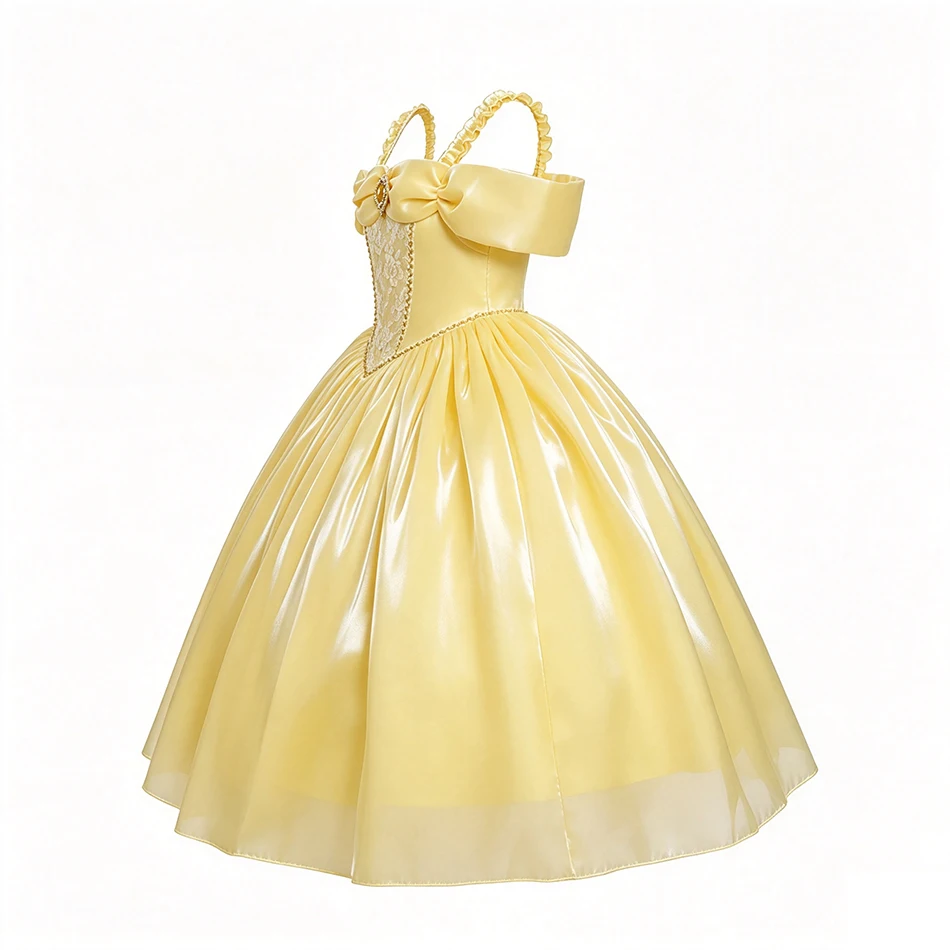 Girl Shiny Satin Belle Dress Off‑Shoulder Bow Lace Bodice Long Puffy Ball Gown Kids Fancy Outfit for Birthday Party Halloween