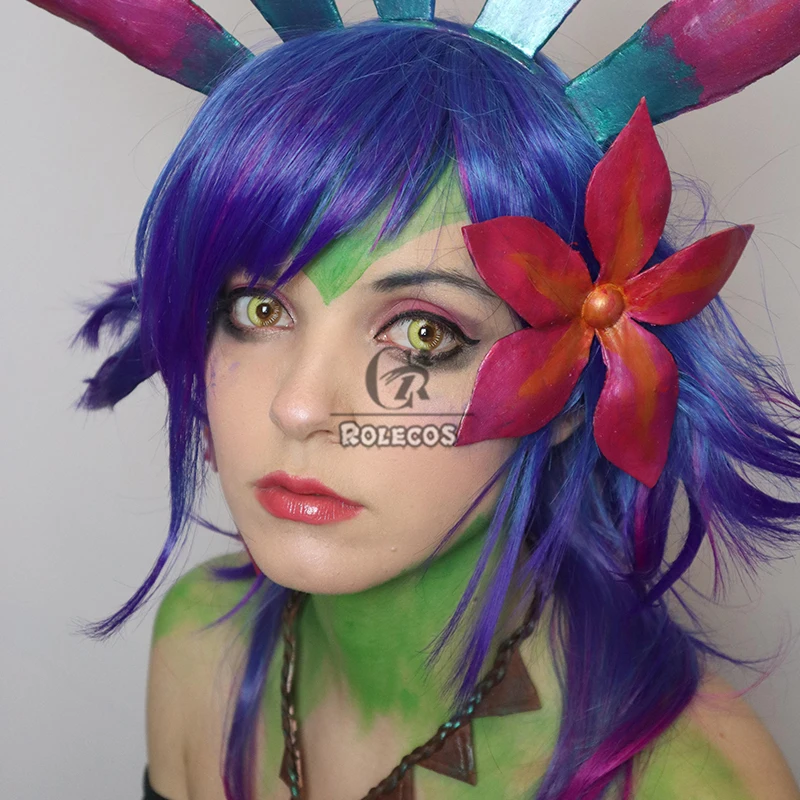 ROLECOS Synthetisch haar Spel LOL Neeko Cosplay Pruiken Neeko Cosplay Haar Rollenspel Halloween Blauw Gemengd Paars Pruik Synthetisch haar