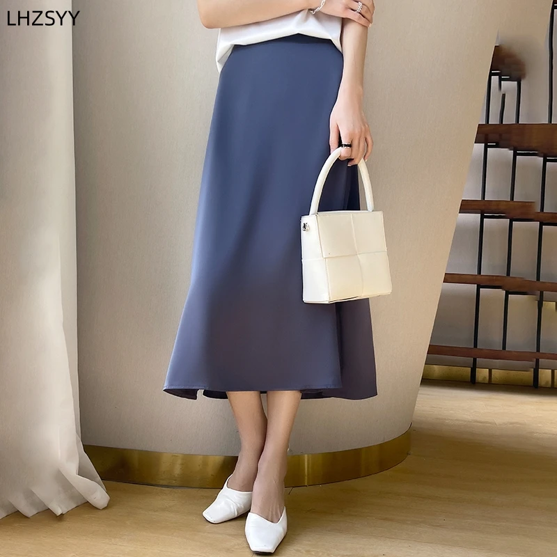 LHZSYY Silk Satin A-Word Big Swing Skirt\' Ladies New High-Waist Hip Long Skirt 2024Summer Fashion Solid Wild Mulberry silk Skirt