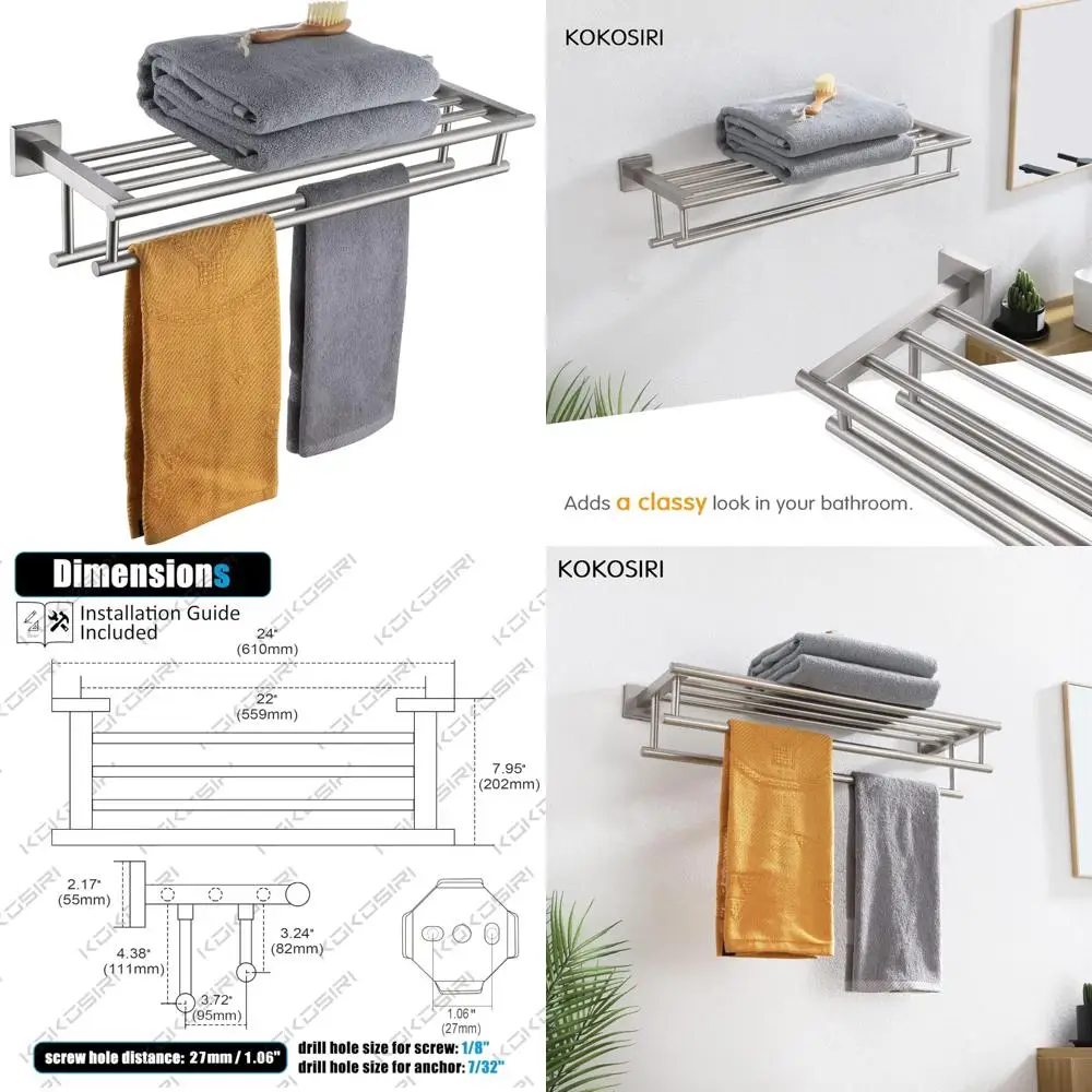 

24 Inch Wall Mounted Stainless Steel Towel Shelf with Double Bars, Brushed Finish, Bathroom Towel Rack Holder