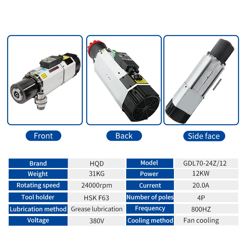 Moteur de broche ATC refroidi par air, machine de gravure CNC, accessoires de machines de travail de calcul, 380 tr/min, 24000 V, 12KW, HSK63