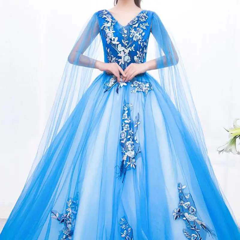 Blue Ball Gown New Classic V-neck Sleeveless Vestidos De Quinceaneras Elegant Lace Floral Long Puffy Dresses For Prom Customized