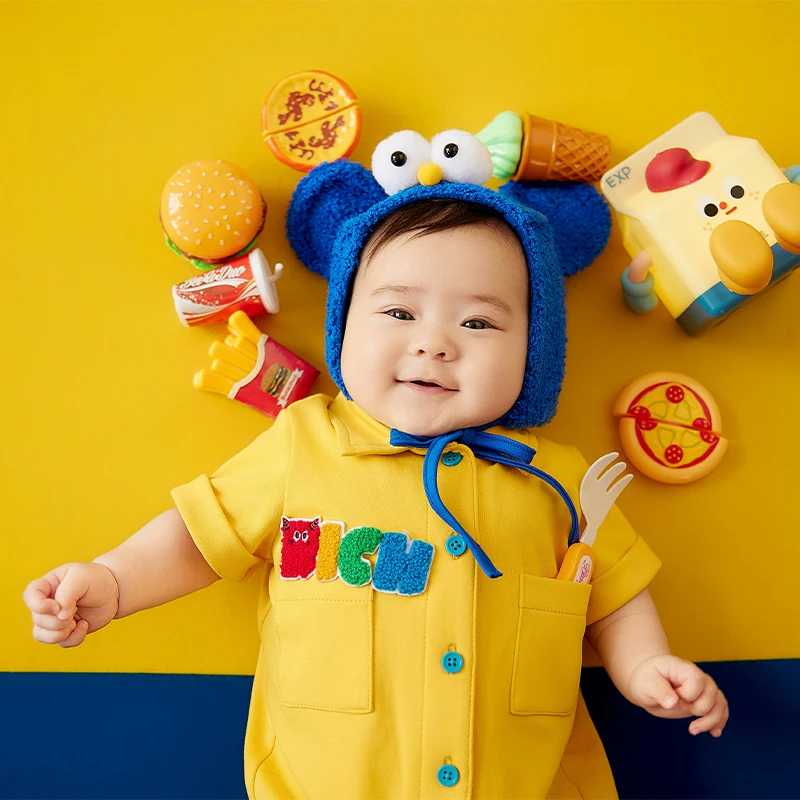 100-days-baby-photography-outfit-cartoon-blue-monster-hat-yellow-romper-socks-newborn-studio-shoot-costume-cute-photo-props