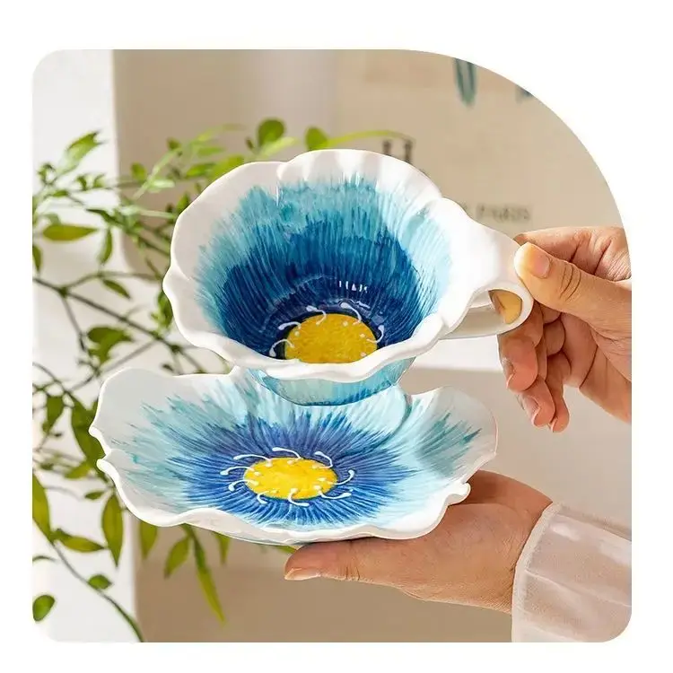 

Керамическая кружка в форме милого цветка, набор посуды, ручная роспись, кофейная чашка, чашка для молока, чашка для завтрака, чашки для напитков, пара чашек для напитков