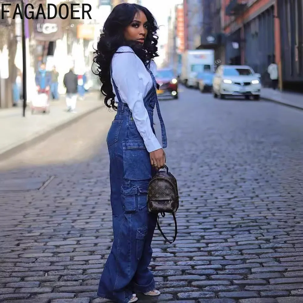 FAGADOER-Combinaisons en jean à bretelles pour femmes, pantalons cargo à poches creuses, salopette en denim, streetwear féminin, combishort à la mode