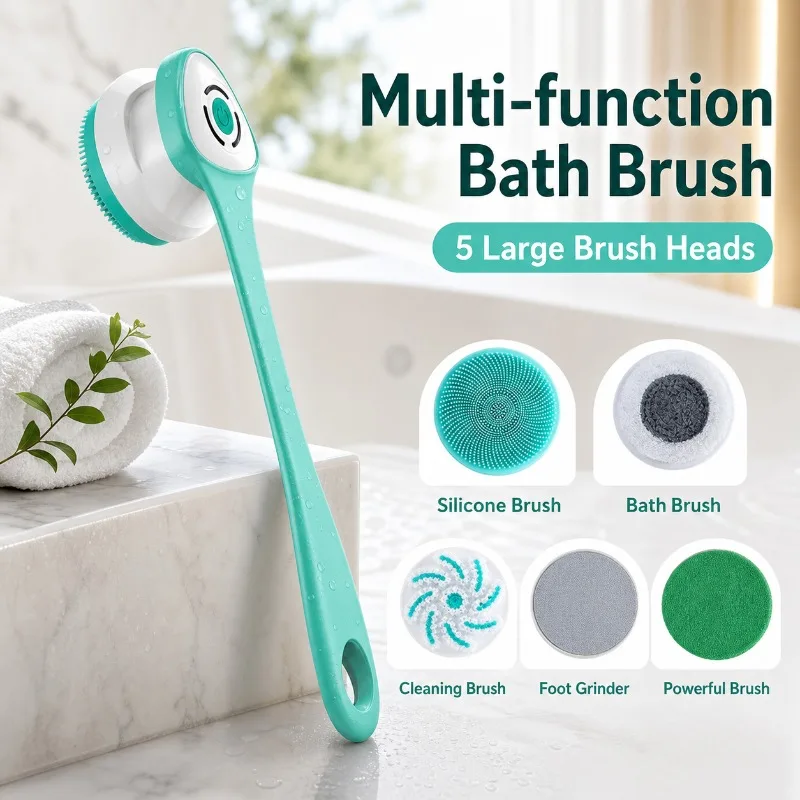 Electric Long Handle Shower Brush Auto Rotating Waterproof Massage Bath Brush Strong Exfoliating Scrubber with 5 Heads