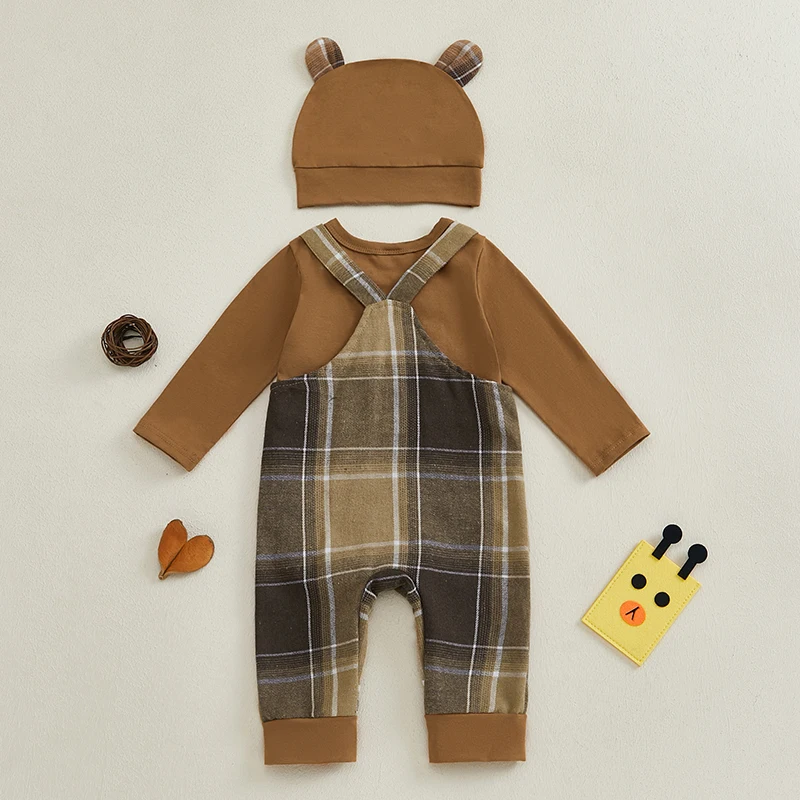 Pudcoco Infant Baby Boys 3PCS Outfit Sets Long Sleeve O Neck Romper Plaid Suspender Pants Hat Sets 0-18M