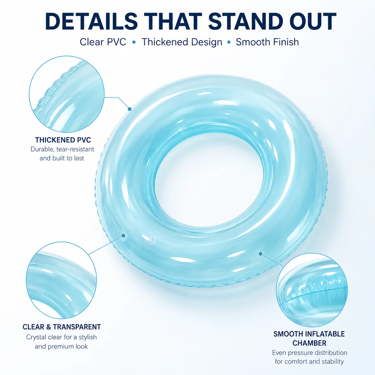 Adult PVC Swim Ring Inflatable Pool Float Tube, Transparent 90/100cm Beach Swimming Ring with Handles & Glitter