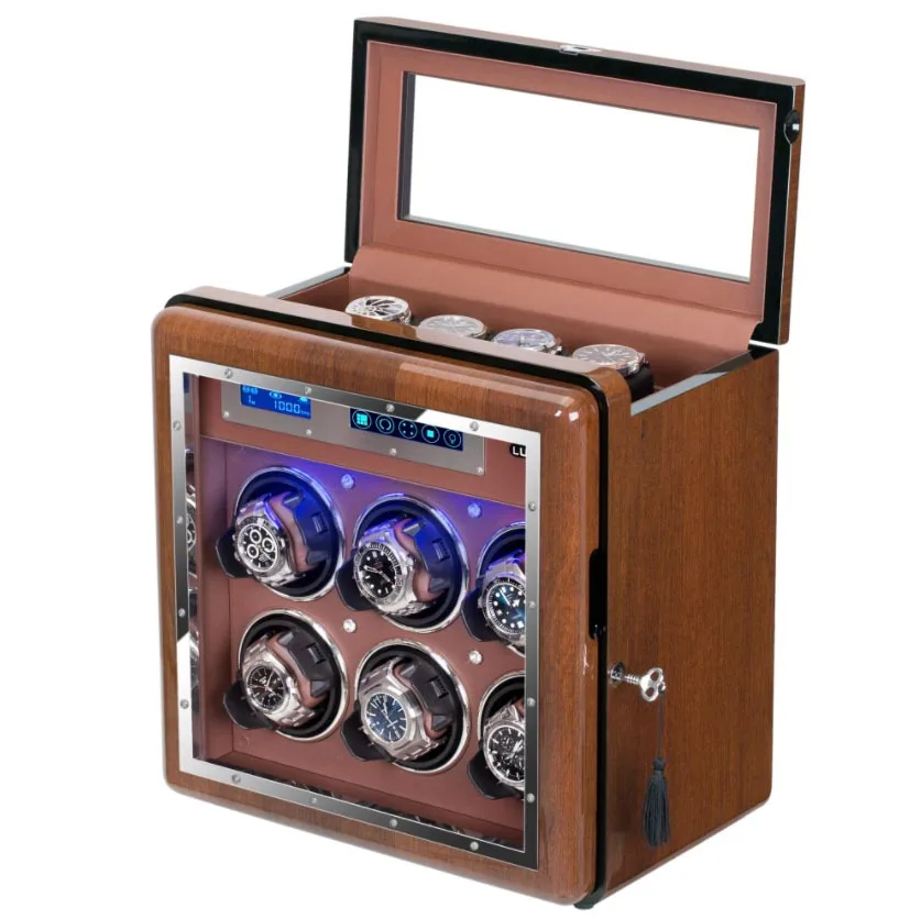 luxury battery transparent 6 rotating case high end wood display stand cabinet watch winder box