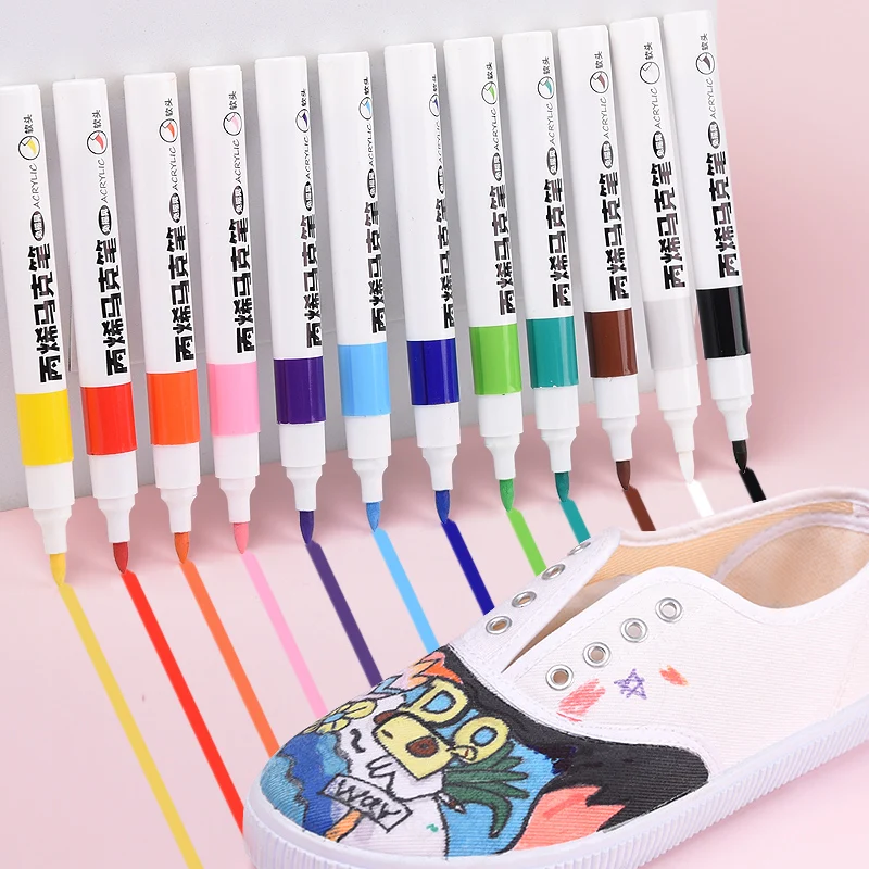 

12 Colors Soft Tip Acrylic Markers - Waterproof & Permanent Fabric Paint Pens for T-Shirts, Shoes, Canvas & DIY Crafts - Vibrant