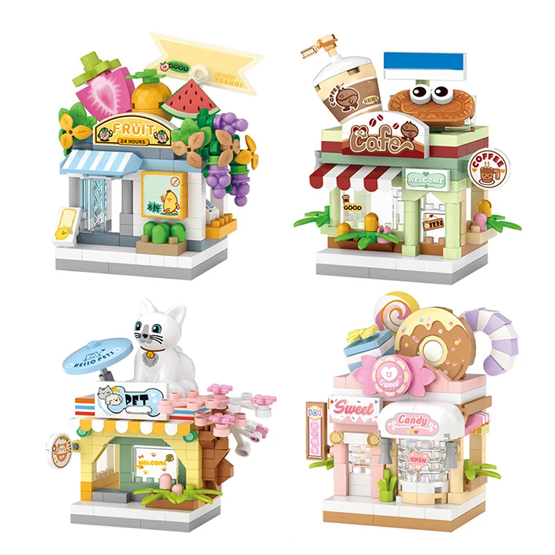 

City Street View Mini Building Blocks DIY Pet Shop Coffee Fruit Shop Puzzle Toys Holiday Gifts Home Ornaments