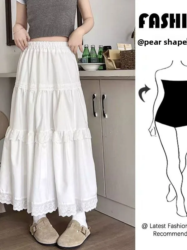 Gonna torta bianca Gonna longuette a trapezio Gonna estiva nuova da donna in pizzo Sle Gonna ombrello drappeggiata Gonna lunga ampia a vita alta