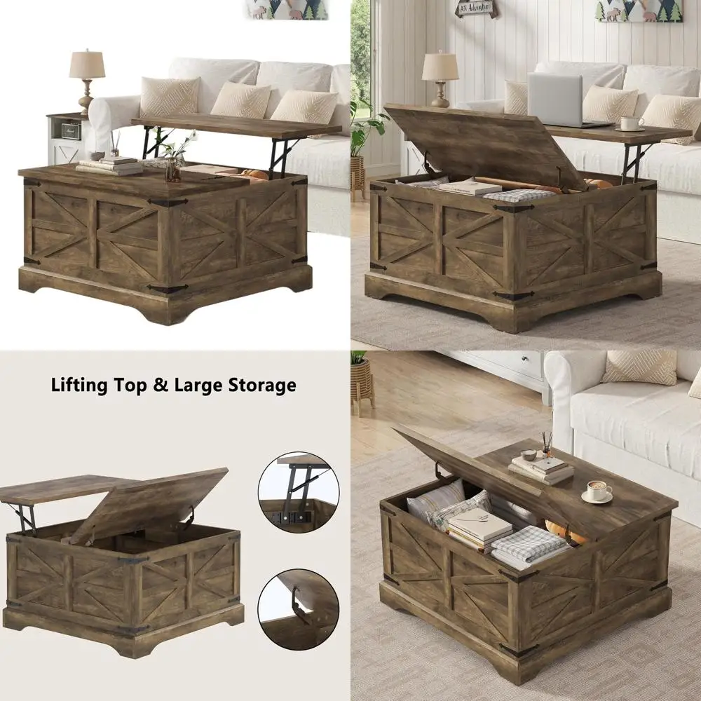 

Farmhouse-Style Square Lift-Top Coffee Table with Storage, Brown, for Living Room and Home Office
