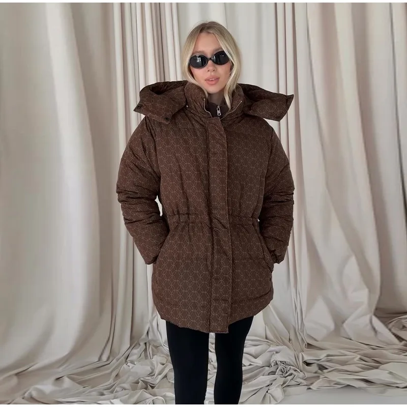 Upgraded Thickened Allover Printed Mid Length Padded Coat Stand Collar Drawstring Waist Windproof 2026 Winter Women Outer Jacket
