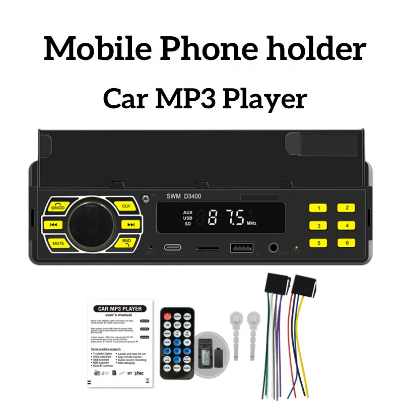 

D3400 Car Radio Bluetooth 1 Din MP3 Player Handsfree A2DP Type C USB TF Aux APP Remote Cell Phone Holder Audio System Head Unit