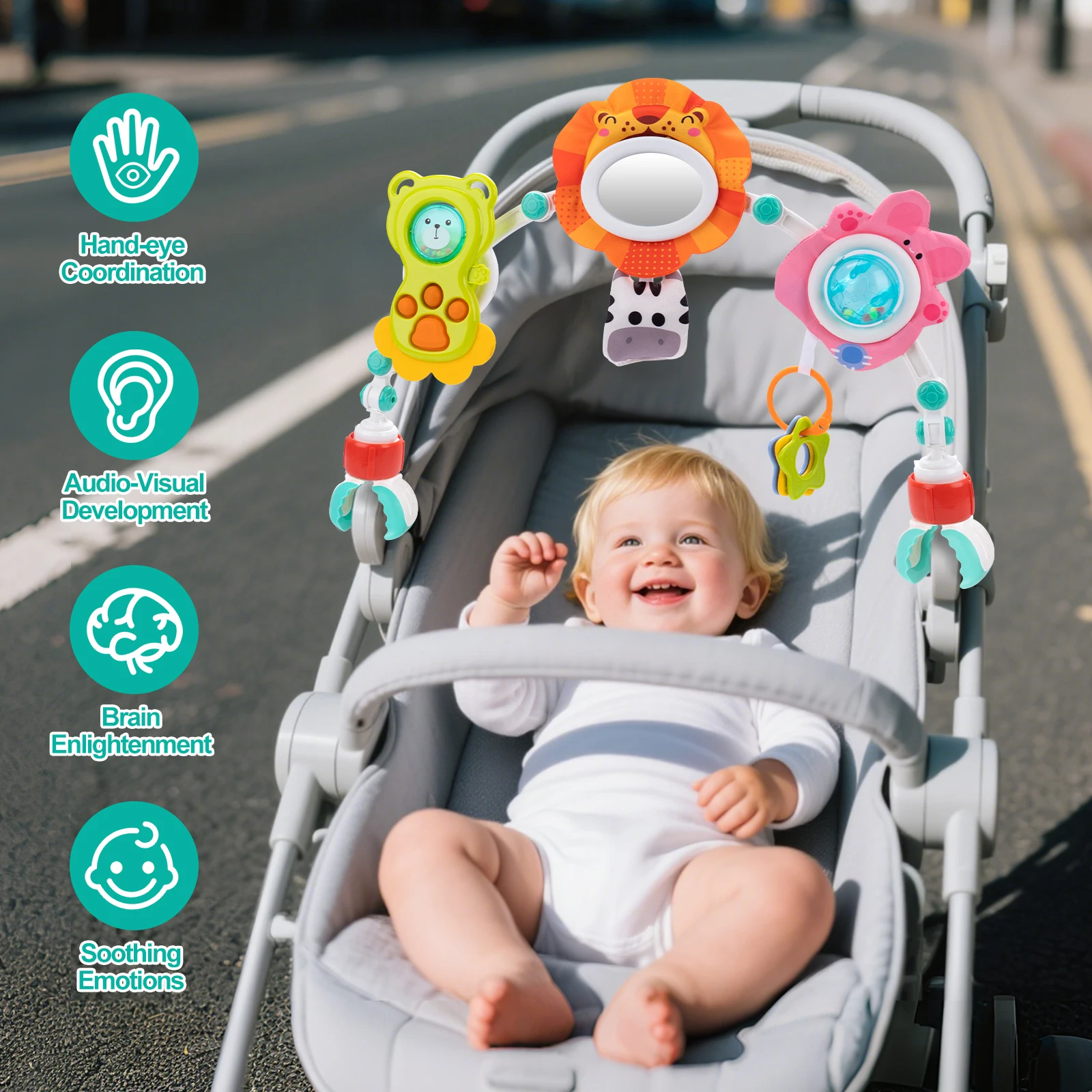 Arco De Juguetes Ajustable Para Cochecito Y Sillita De Bebé – Juguetes Colgantes Sensoriales Con Sonajeros, Espejo Y Mordedor, Estimulación Temprana 0-24 Meses