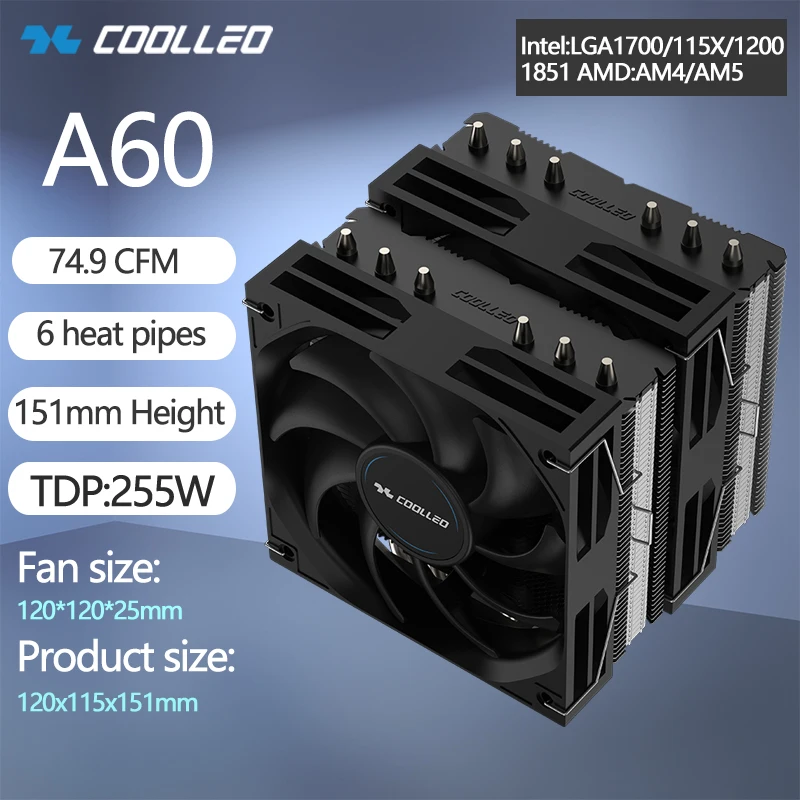 COOLLEO A60 CPU Cooler with 6 Heat Pipes Dual Tower Double Fan Air-cooled Radiator for LGA1700 1200 115X 1851 AMD AM4 AM5